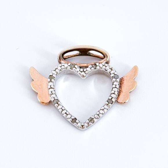 Sterling Silver Diamond Winged Heart Pendant | Petite Rose Gold Wing Accent - Picture 2 of 8